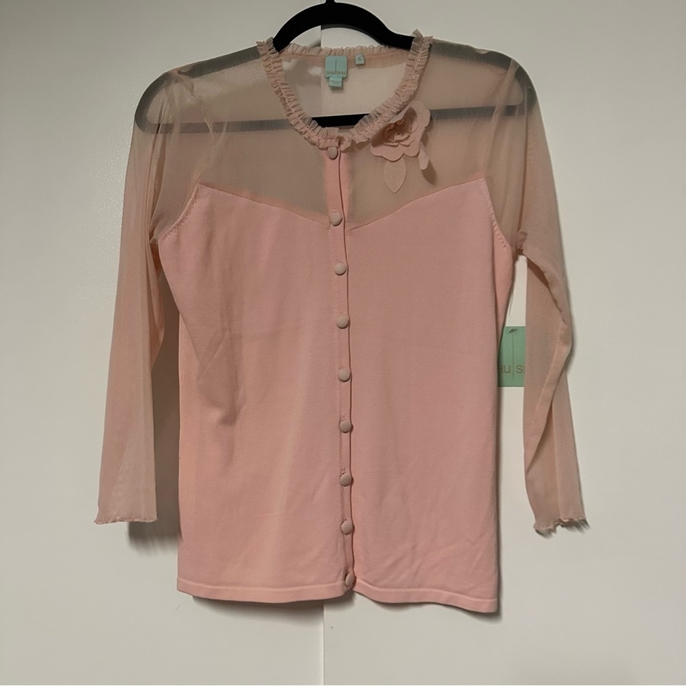 New! Shu Shu pink Mesh feminine modest delicate Sweater Cardigan Size Small